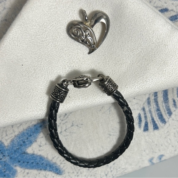 Brighton Braided Black Leather Cord Bracelet Heart Charm Silver Plated Vintage - Picture 9 of 13